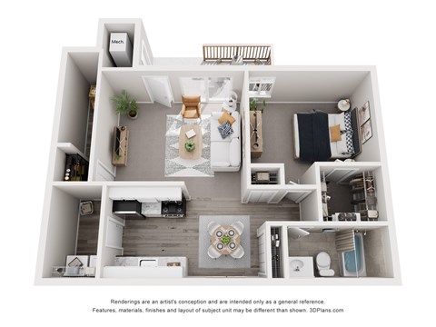 A 3D floor plan of a house with a kitchen, living room, and bathroom.